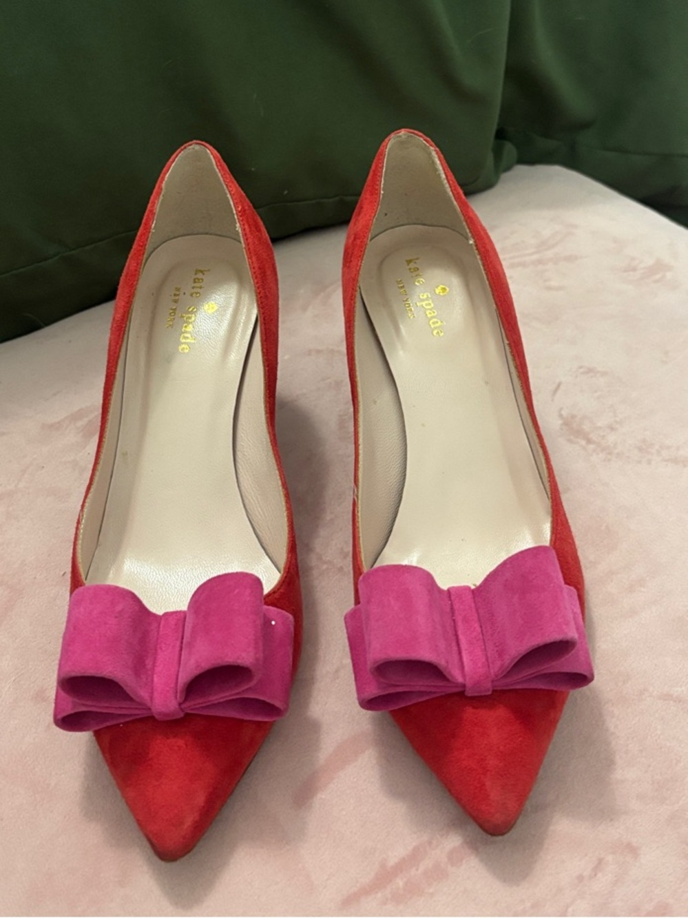 kate spade Red Suede Pointed-Toe Pumps with Pink Bow Accent